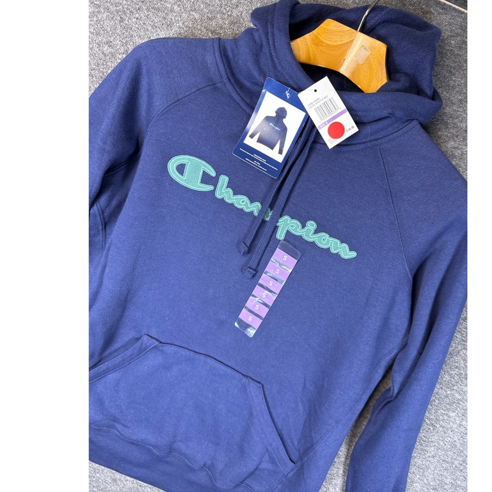 NWT Champion Athletic Pullover Hoodie Sweatshirt Navy Blue Logo Mens Size S Warm